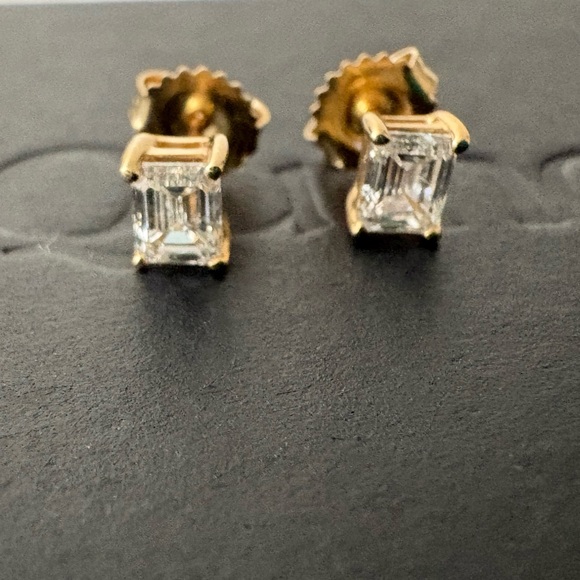 Quince 14k Gold Lab Grown Diamond Emerald Solitaire Studs - Picture 8 of 16